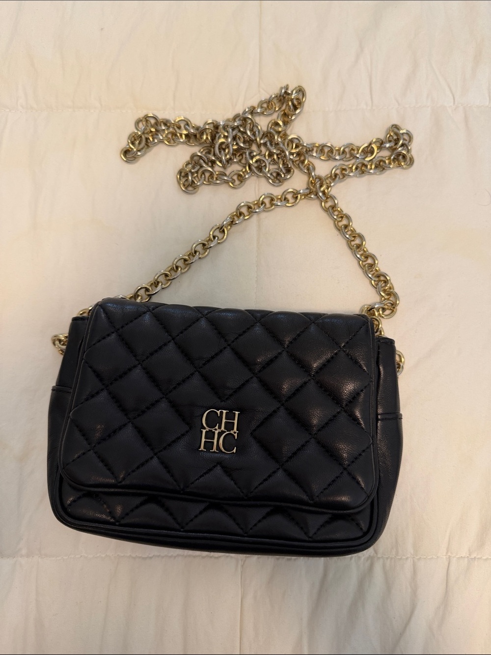Carolina Herrera Black Quilted Leather Crossbody with Gold Chain